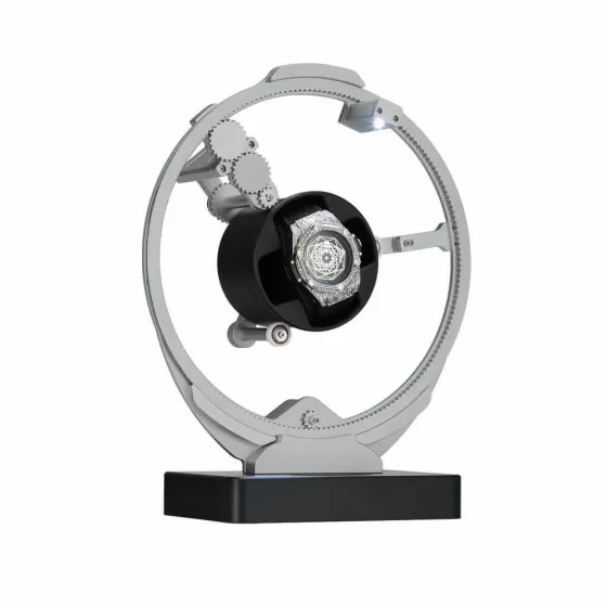 Planetary gear watch winder orbital rotation mechanism showing 360-degree gyroscopic movement