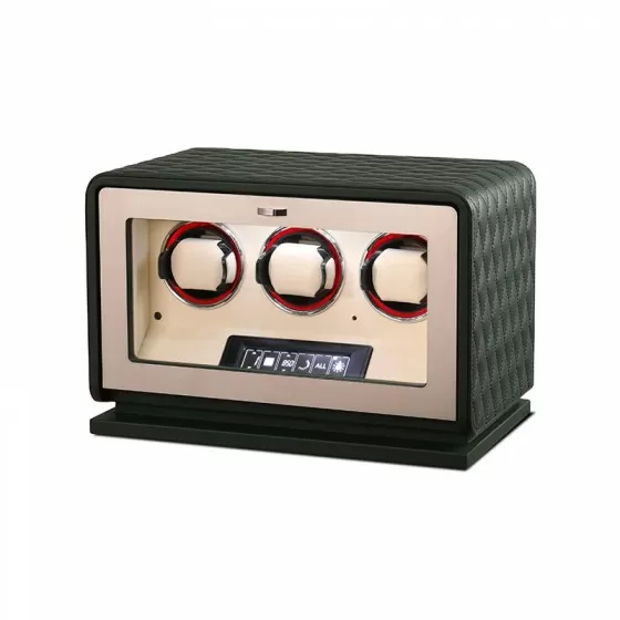 Close-up of premium green leather exterior on Roroos luxury automatic watch winder for 3 watches