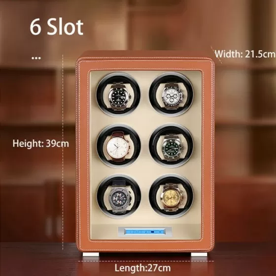 LCD Touch Automatic 6 Slots Watch Winder With Brown Leather