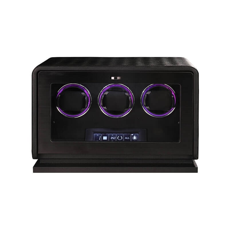 Enrollador de relojes automático Roroos para 3 relojes en cuero negro — luz RGB y pantalla LCD táctil