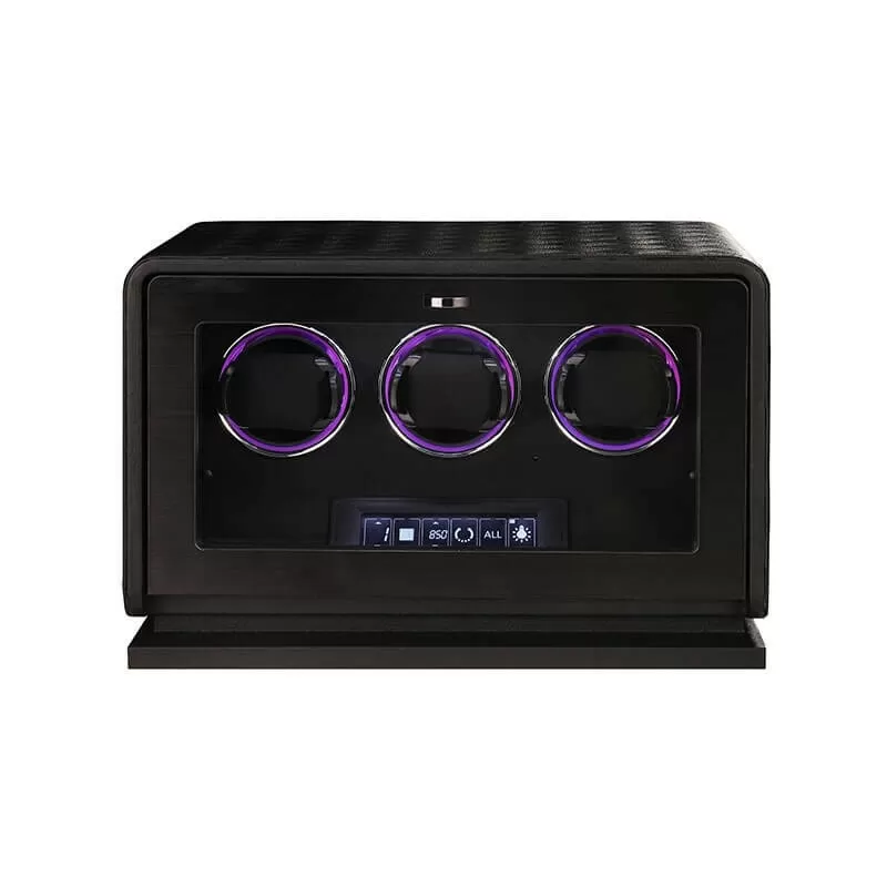 Enrollador de relojes automático Roroos para 3 relojes en cuero negro — luz RGB y pantalla LCD táctil