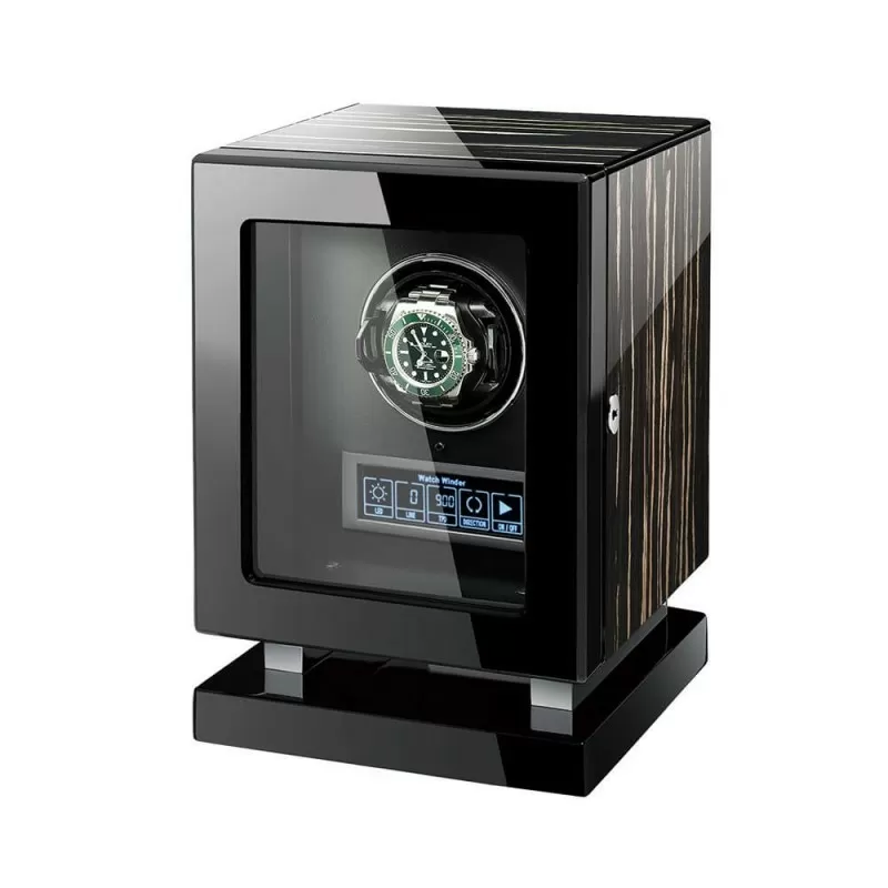 Roroos Dark Warrior single watch winder box in striped ebony wood with LCD display