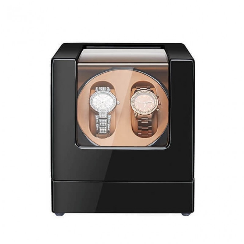 Roroos double automatic watch winder box in warm almond leather with glass display front