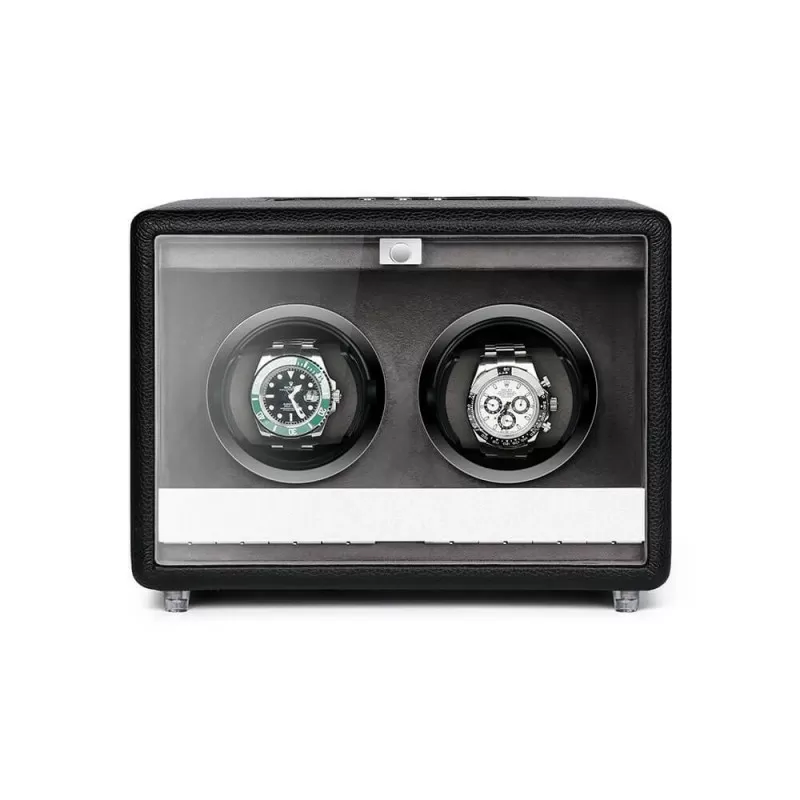 Carica orologi doppio Roroos Classic in pelle nera con doppio sportello trasparente — vista frontale