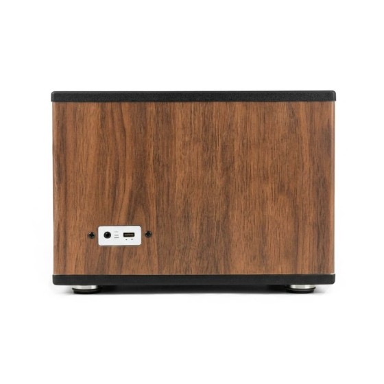 Walnut wood double watch winder rear panel — USB-C power input port recessed into walnut back panel, clean cable-free side profile