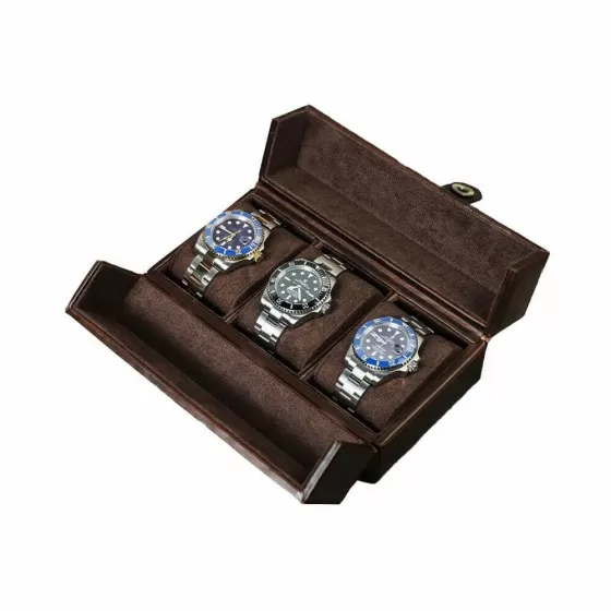 Roroos leather watch display case open with three watches organized on cushioned pillows