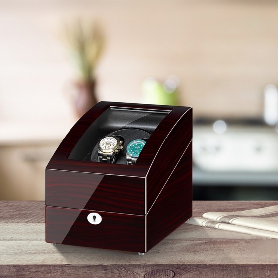 Ebony wood double watch winder with 3 storage slots on bedside table – automatic watch winder display case
