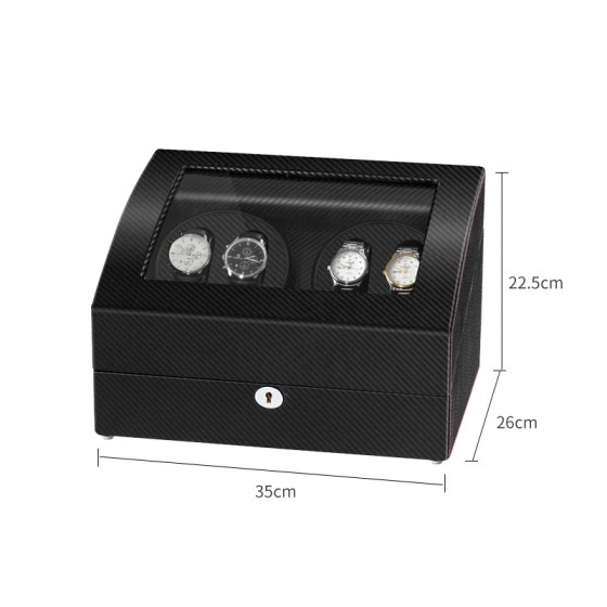 Lower storage drawer of carbon fiber watch winder box holding six watches and accessories
