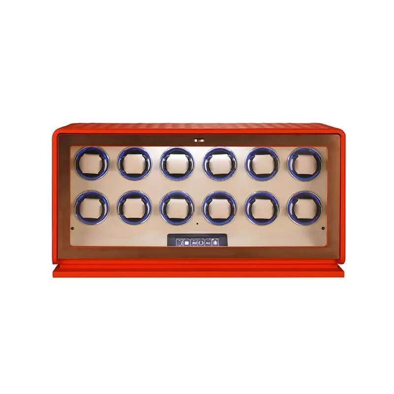 Roroos 12-slot watch winder box in fiery orange leather with glass display lid, front view