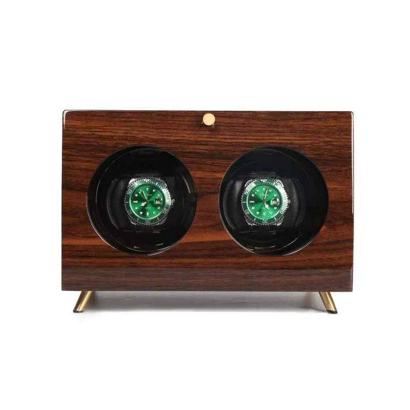Solid ebony wood double watch winder for 2 automatic watches — front view