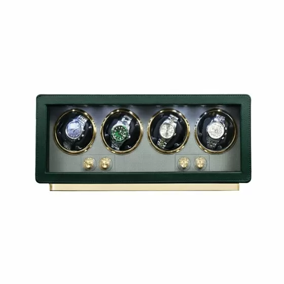 Intérieur du remontoir 4 montres Roroos – 4 coussins rotatifs en cuir vert