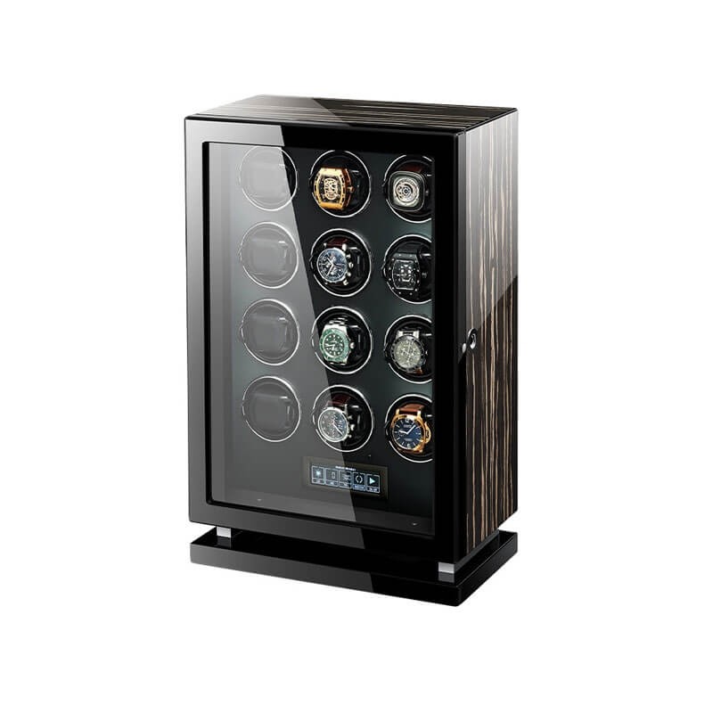 Roroos Dark Warrior 12-slot intelligent watch winder in striped ebony wood piano lacquer finish — front view