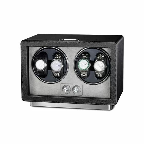 Interno della custodia Roroos 4 carica orologi in pelle nera con 4 cuscini rotanti e velluto bordeaux