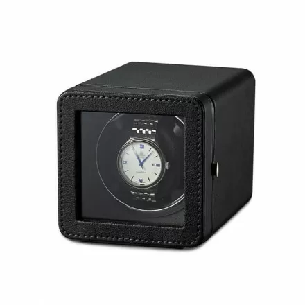 Nappa premium black leather single automatic watch winder box by Roroos, front view Overview