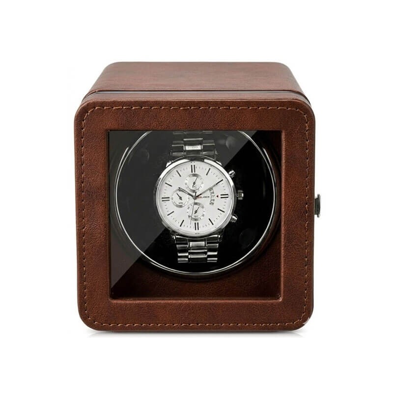 Mahogany leather single automatic watch winder box by Roroos, front view