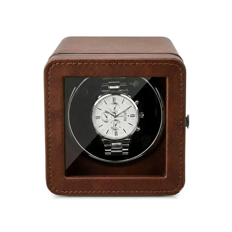 Mahogany leather single automatic watch winder box by Roroos, front view