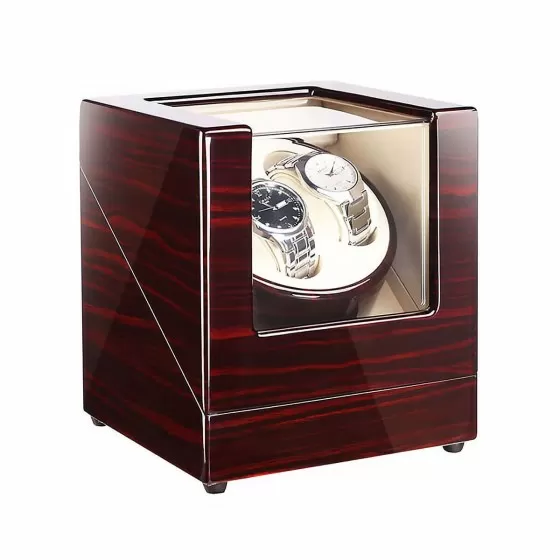 Roroos ebony double watch winder box angled view showing wood grain and acrylic panel