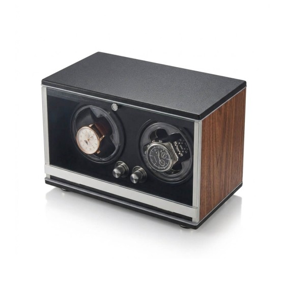 Walnut wood double watch winder side view — LED rings off, showing full walnut grain side panel, glass door with magnetic latch, and chrome mode knobs