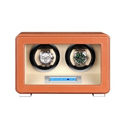 Remontoir automatique à double montre tactile LCD en cuir marron