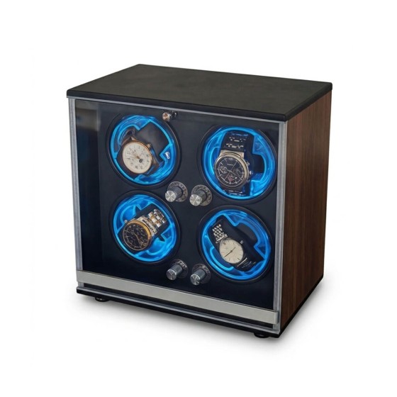 Walnut wood quad watch winder rear-angle view — full walnut wood side grain, black top lid, and four-watch LED winding array