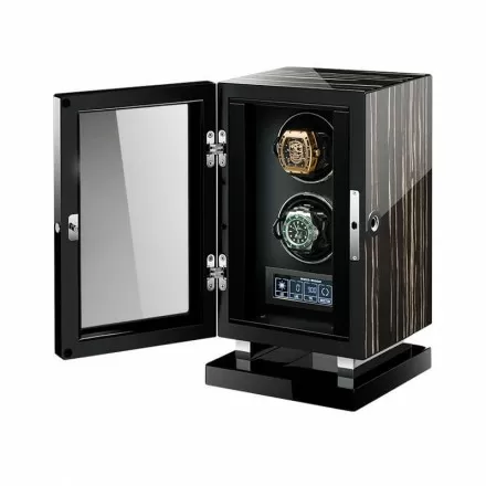 Roroos Dark Warrior double watch winder in striped ebony wood with dramatic grain pattern and glass front Overview