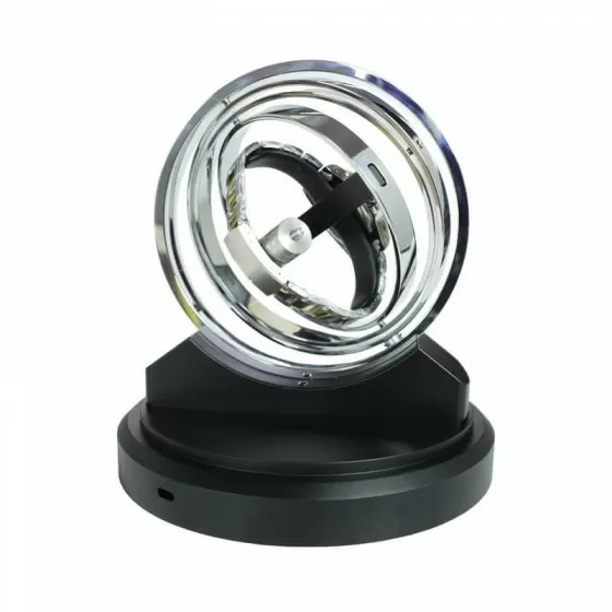 Close-up of polished silver concentric ring mechanism of Roroos Astronomy Saturn automatic watch winder