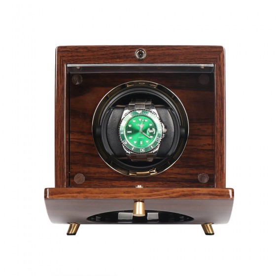 Opened view of Roroos single watch winder for Rolex in solid ebony wood