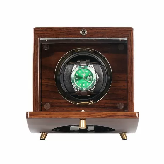 Opened view of Roroos single watch winder for Rolex in solid ebony wood