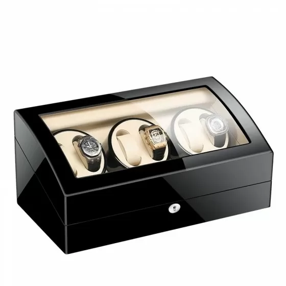 Enrollador de reloj automático de seis piezas negro con interior beige y 7 espacios de almacenamiento adicionales