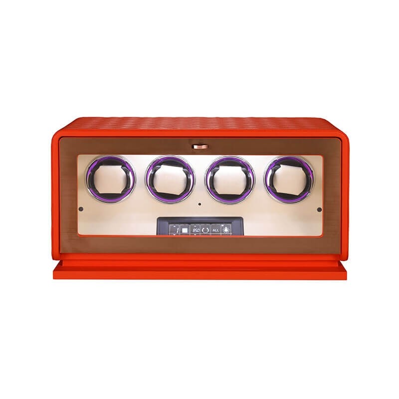 Roroos orange leather 4-watch winder box — bold amber exterior with tempered glass front