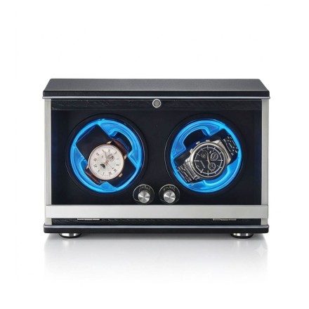 Walnut wood double watch winder front view — dual floating blue LED rings illuminating two automatic watch cradles