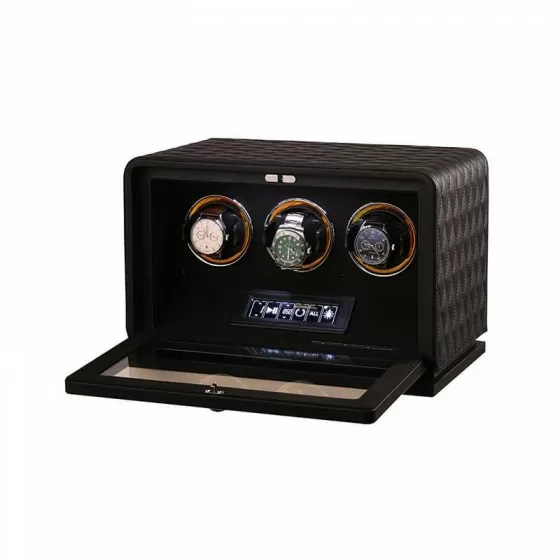 Détail finition cuir noir du remontoir de montre automatique triple Roroos luxe