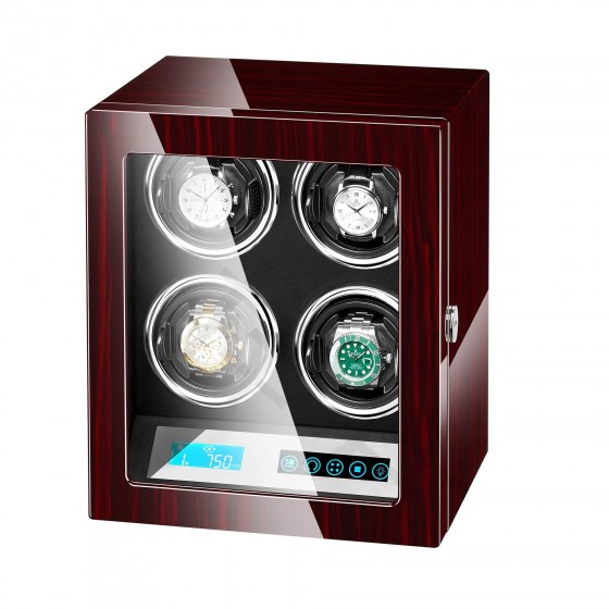 Four luxury watches including Rolex and Omega displayed in smart LCD watch winder box