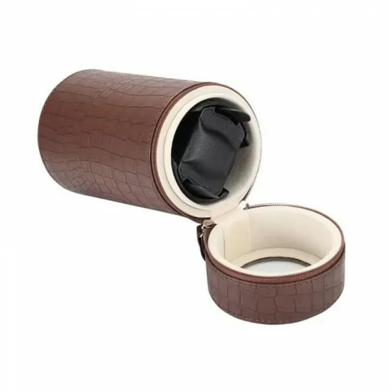 Brown leather travel watch winder open showing cushioned rotor and watch cradle