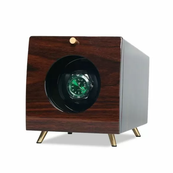 Solid ebony wood single automatic watch winder – angled view showing retro design and wood grain detail