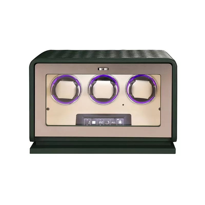 Roroos 3 watch winder box in forest green leather with tempered glass front panel