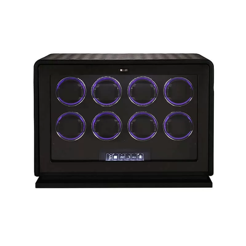 Roroos 8-watch winder in black leather with RGB interior lighting
