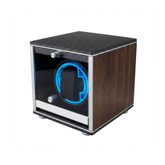 Wood watch winder angled view showing carbon fiber trim door and rotary dial