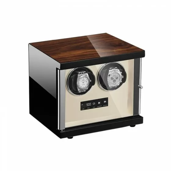 Open view of Roroos dual watch winder showing beige-lined compartments and rotating watch pillows