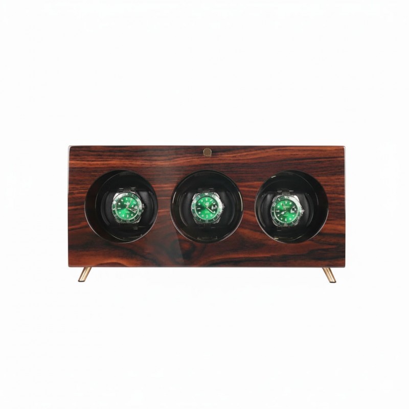 Solid wood triple watch winder for 3 automatic watches – front view with tempered glass door and LED light