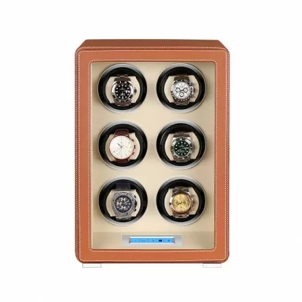 LCD Touch Automatic 6 Slots Watch Winder With Brown Leather