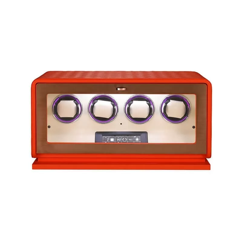 Rich orange leather 4 watch winder – bold statement piece front view