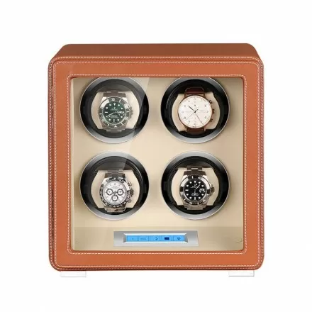 Brown Leather LCD Touch Automatic Quad Watch Winding Machine