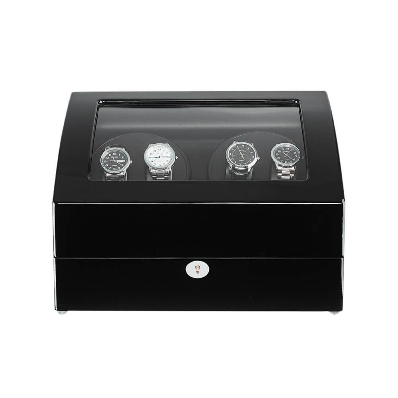 Black 4-slot watch winder box with 6 storage compartments – front view