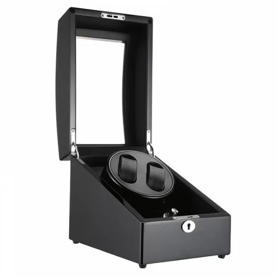 Padded watch compartment in gloss black double watch winder box – soft lining for automatic watch storage