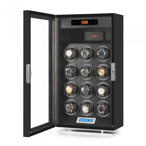 Humidity control sensor display panel on Roroos 12-slot dry watch winder cabinet