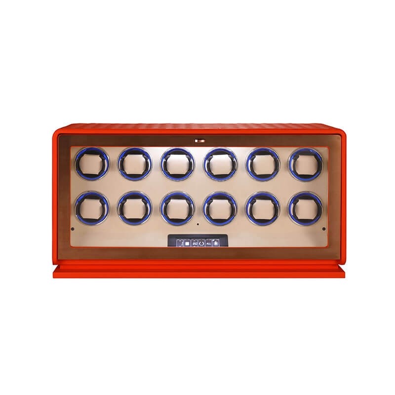 Caja enrolladora de 12 relojes en cuero naranja intenso — Roroos edición de lujo