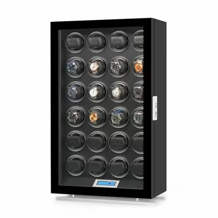 Professional 24-watch automatic winder cabinet with UVC sanitizing and LED display by Roroos, front view Overview