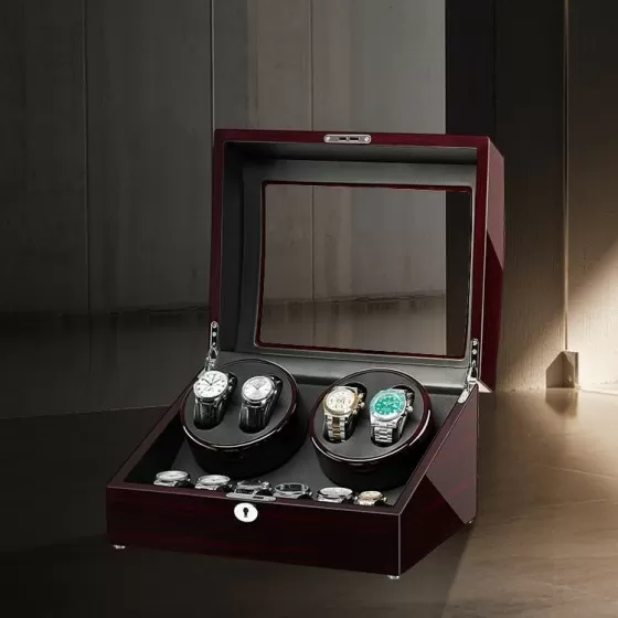 Ebony wood 4-watch winder with storage on dresser – automatic watch display and winding cabinet