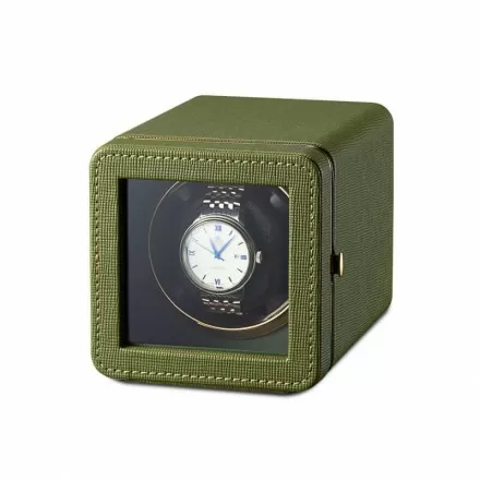 Olive green leather single automatic watch winder box by Roroos, front view Overview
